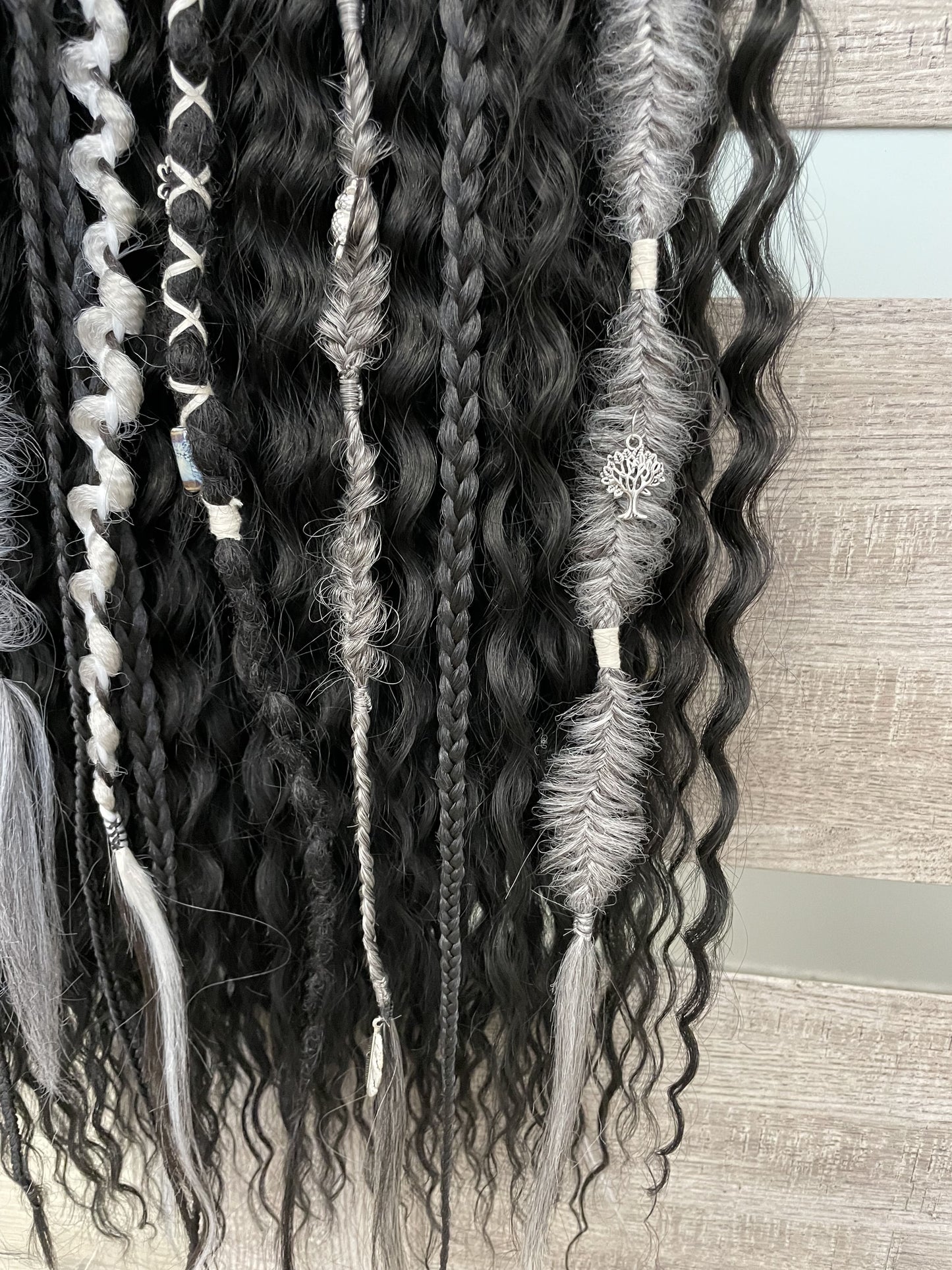 Set of black bohemian synthetic dreadlocks and dark gray textured braids, 60 DE, full set