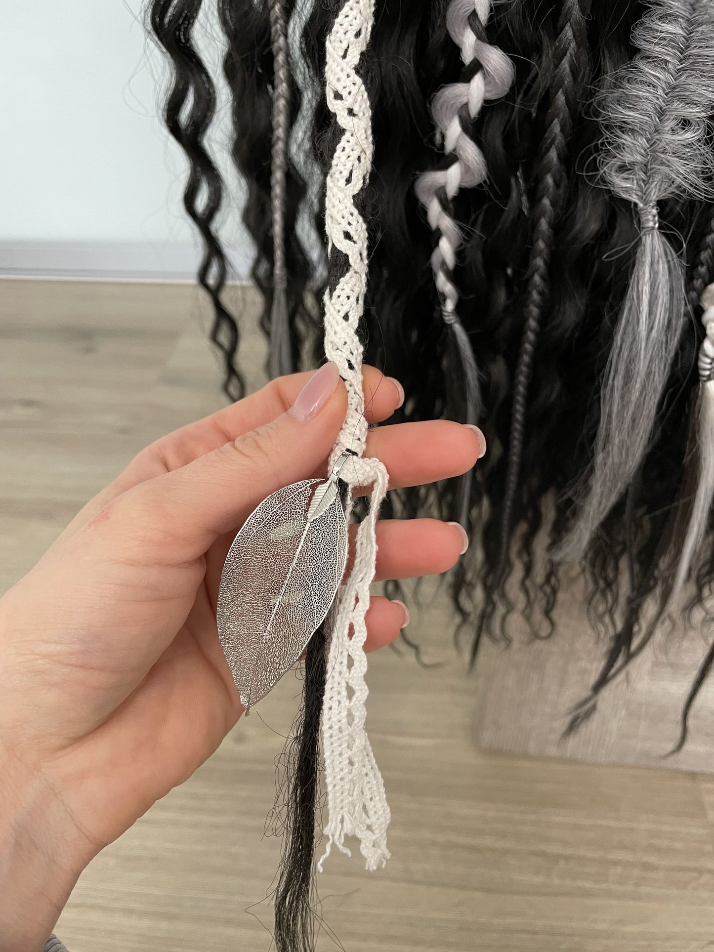 black bohemian synthetic dreadlocks and dark gray textured braids