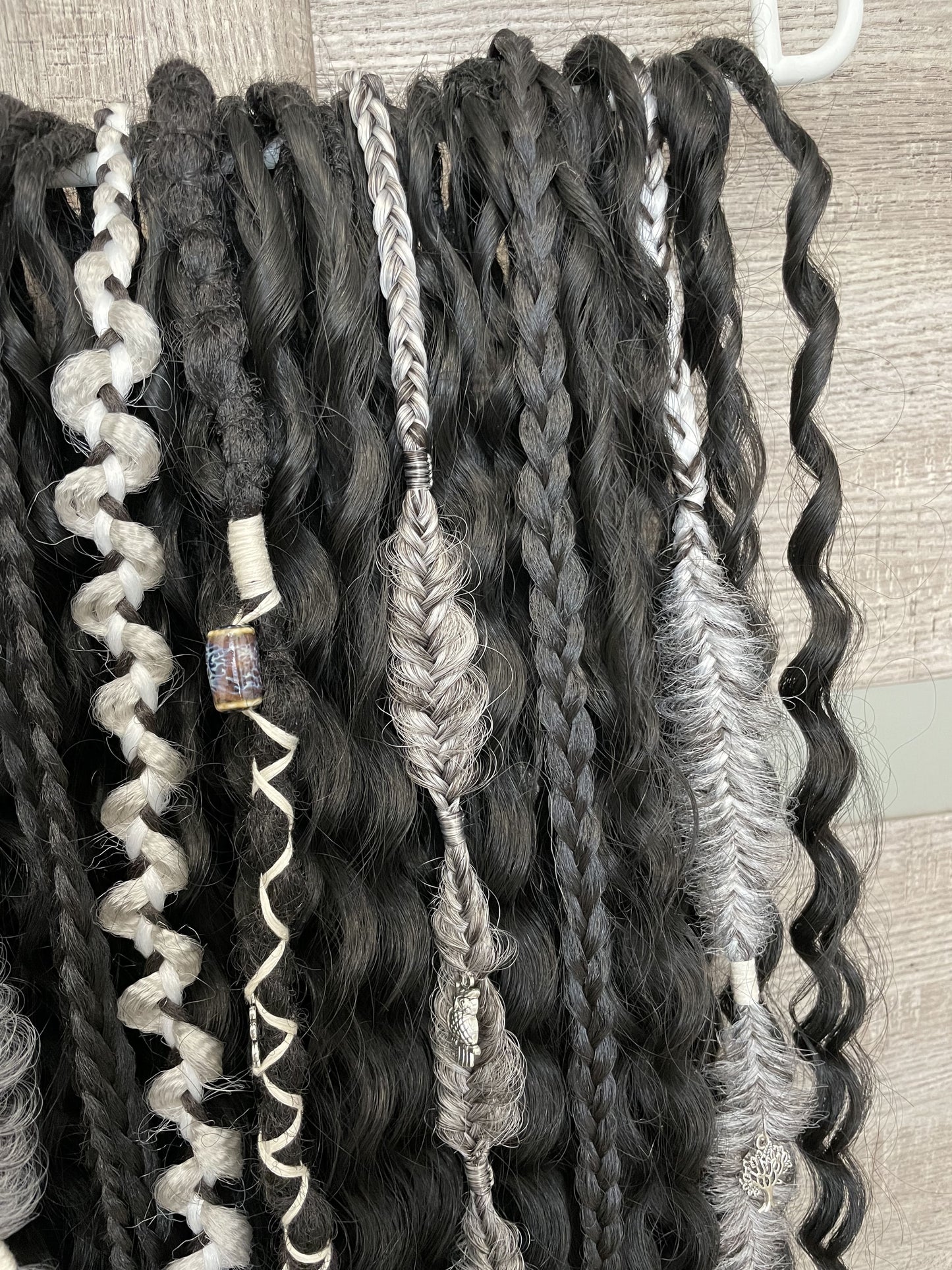 Set of black bohemian synthetic dreadlocks and dark gray textured braids, 60 DE, full set