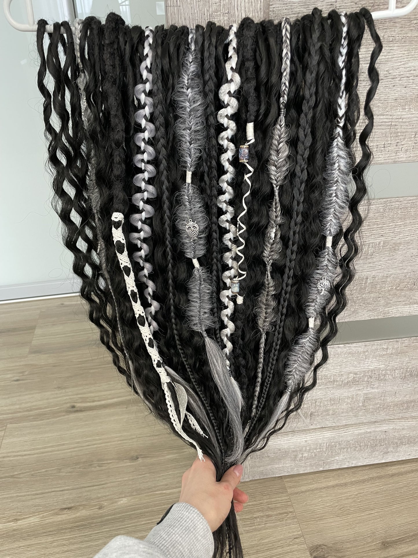 Set of black bohemian synthetic dreadlocks and dark gray textured braids, 60 DE, full set