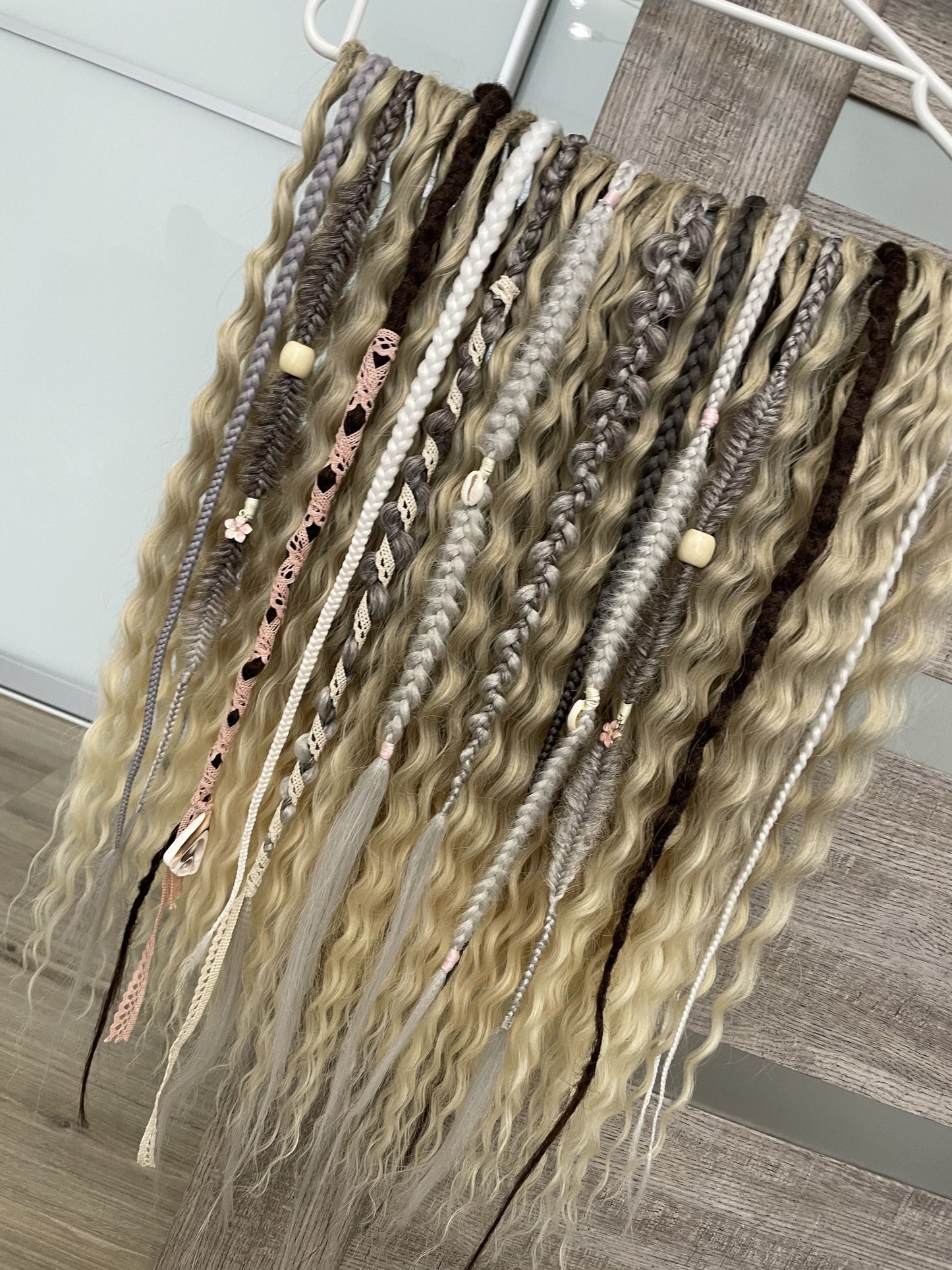 ash blonde synthetic bohemian dreadlocks and light grey textured braids