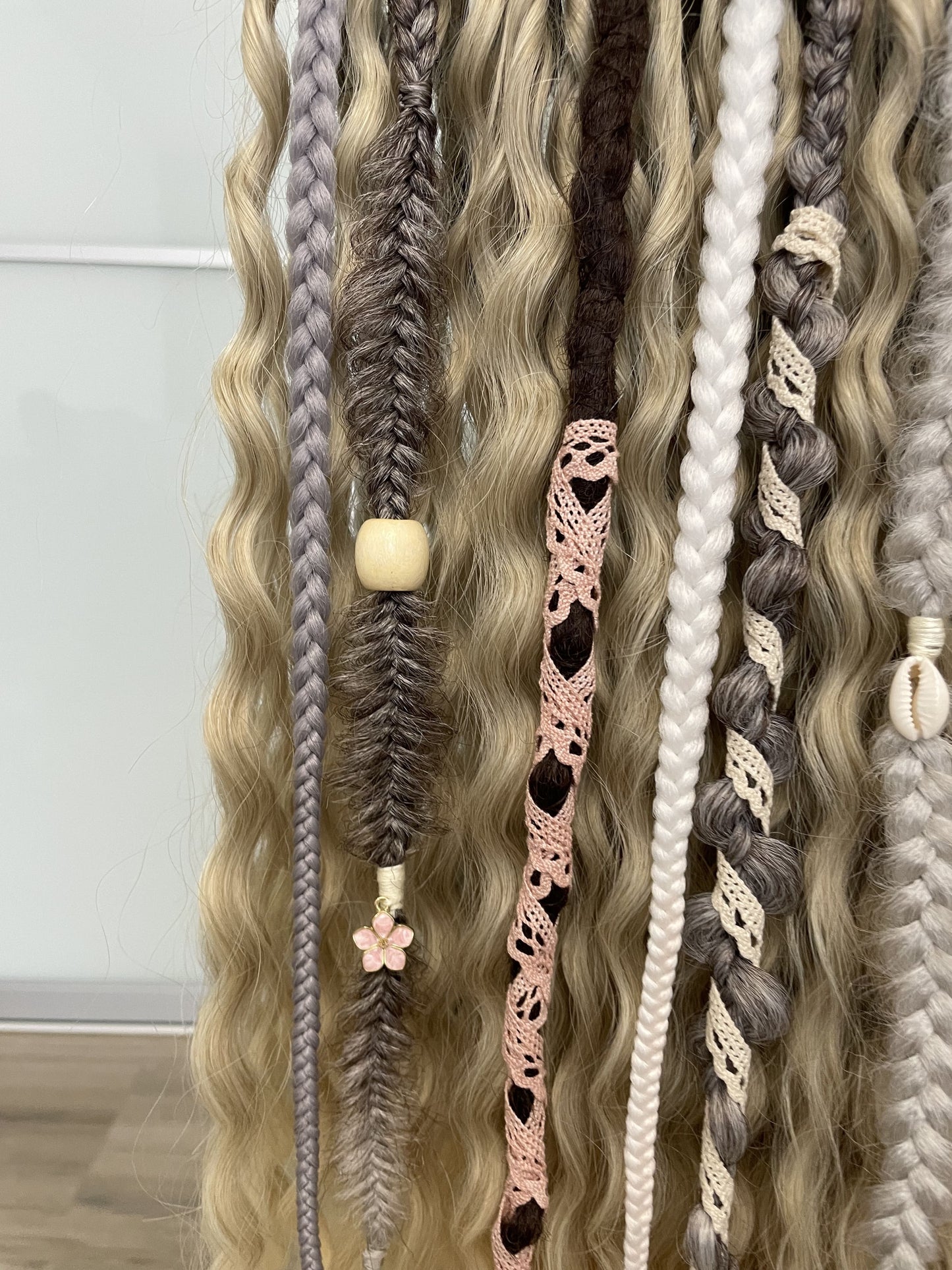 Set of ash blonde synthetic bohemian dreadlocks and light grey textured braids, 60 DE, full set