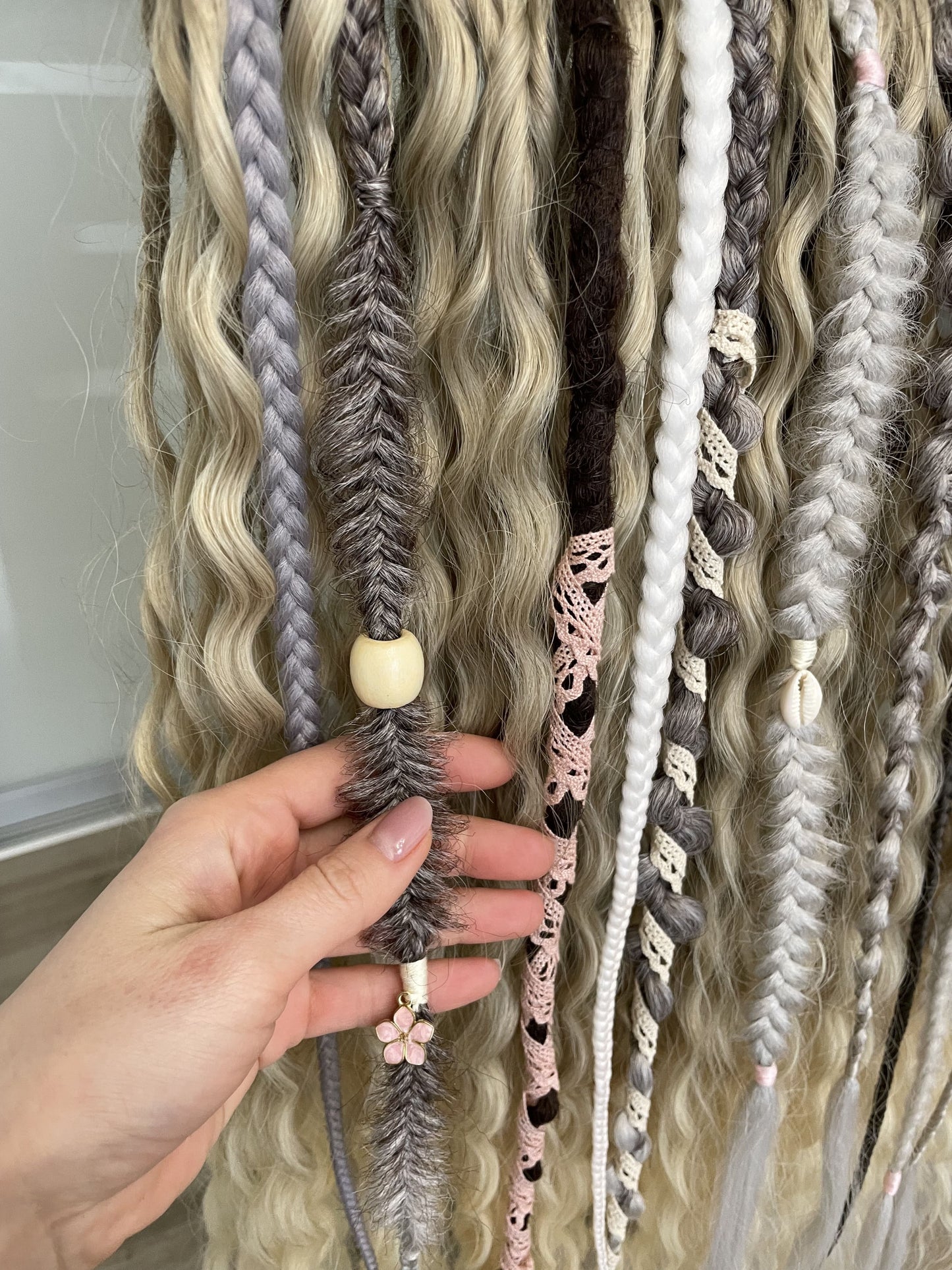 ash blonde synthetic bohemian dreadlocks and light grey textured braids