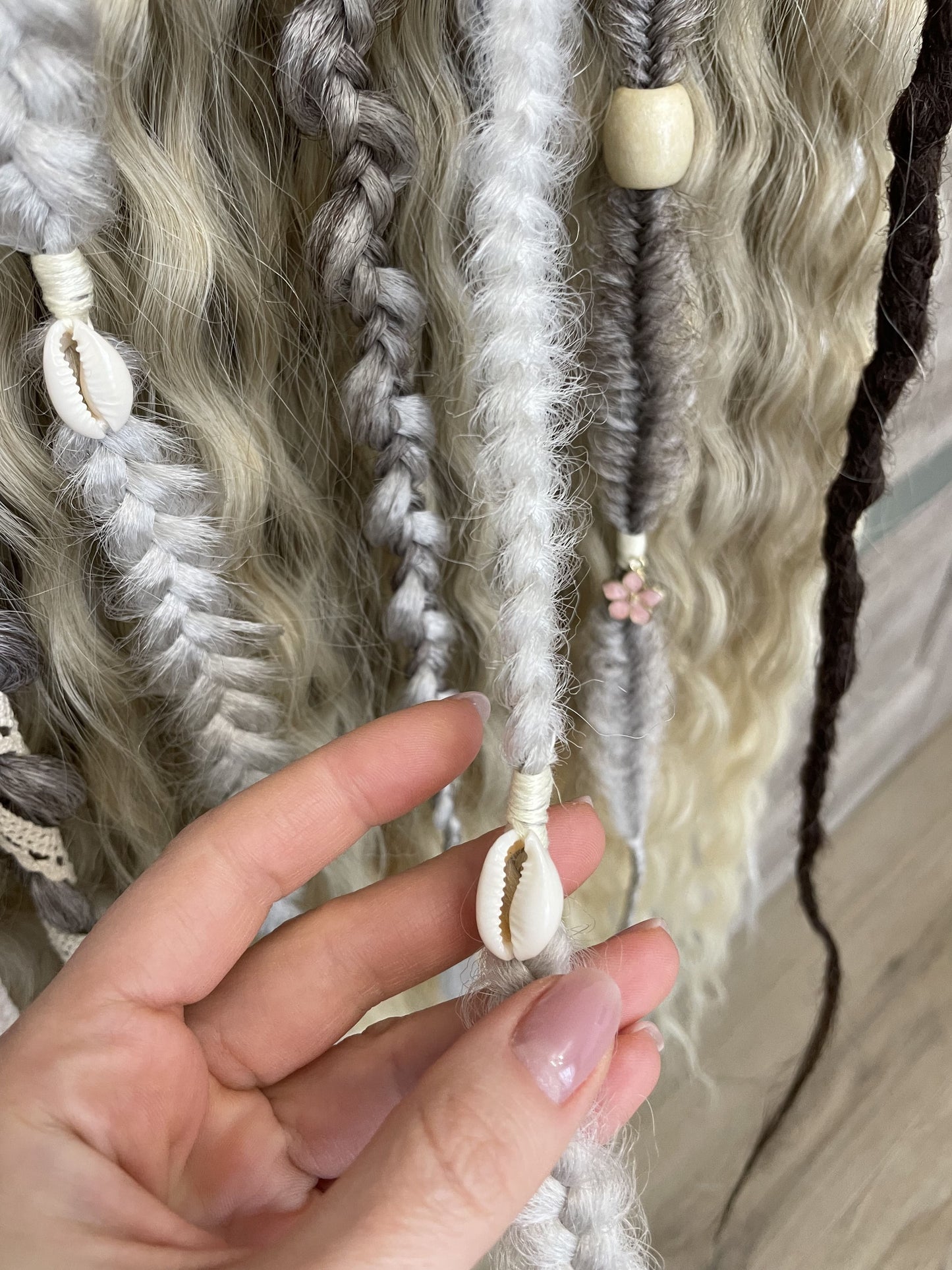 Set of ash blonde synthetic bohemian dreadlocks and light grey textured braids, 60 DE, full set