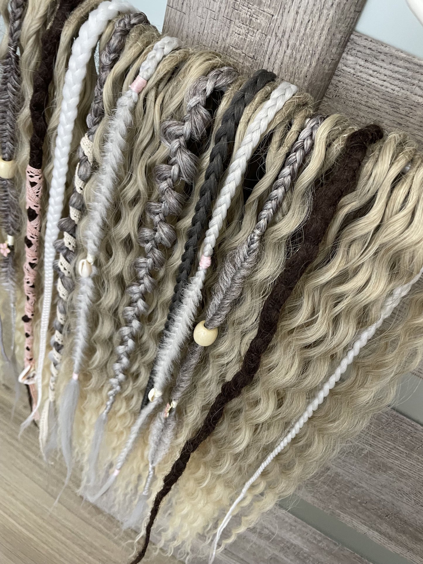 ash blonde synthetic bohemian dreadlocks and light grey textured braids