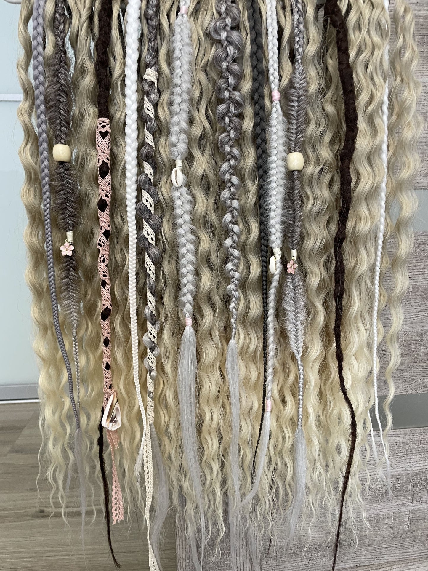 Set of ash blonde synthetic bohemian dreadlocks and light grey textured braids, 60 DE, full set