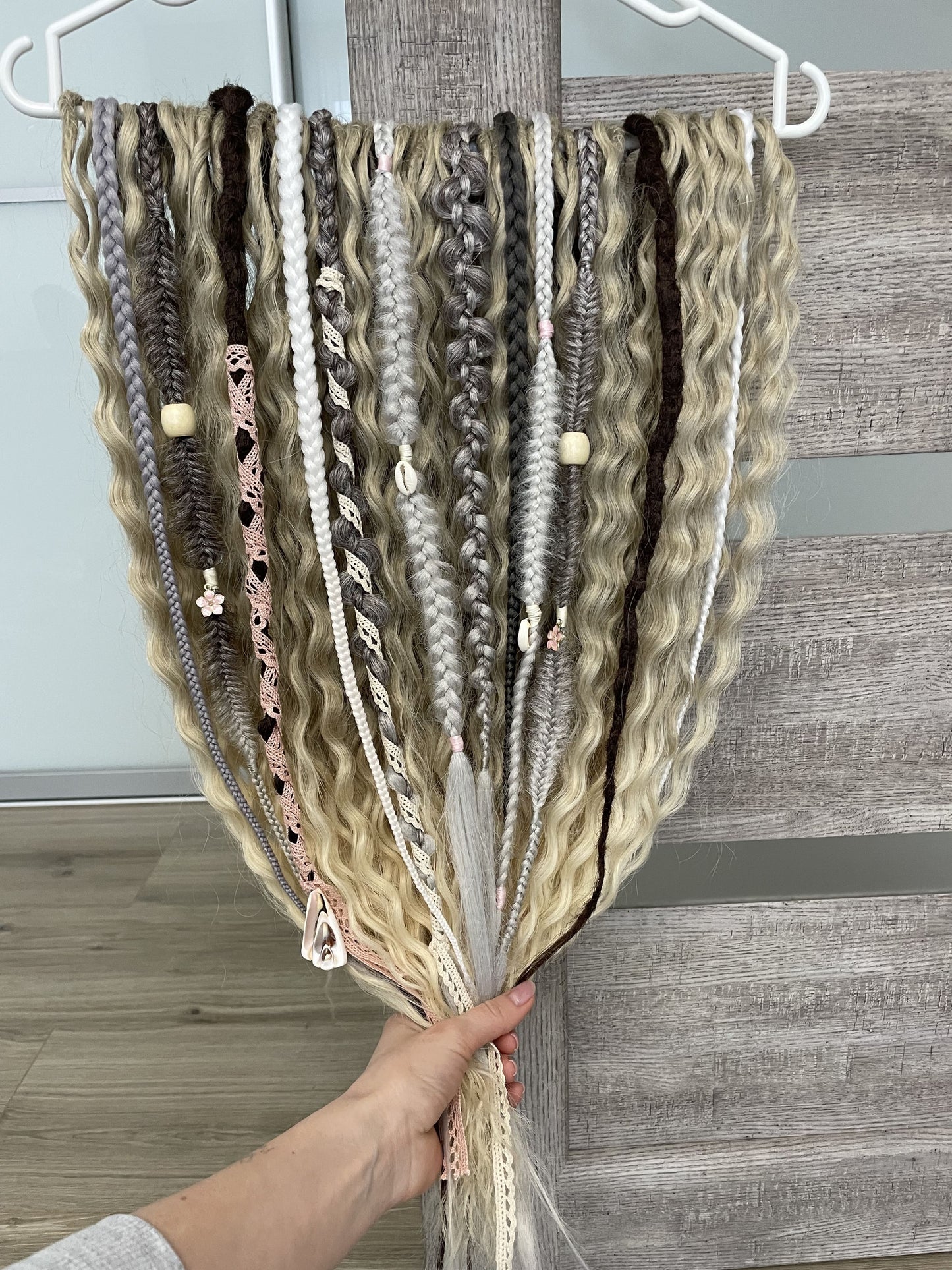 Set of ash blonde synthetic bohemian dreadlocks and light grey textured braids, 60 DE, full set