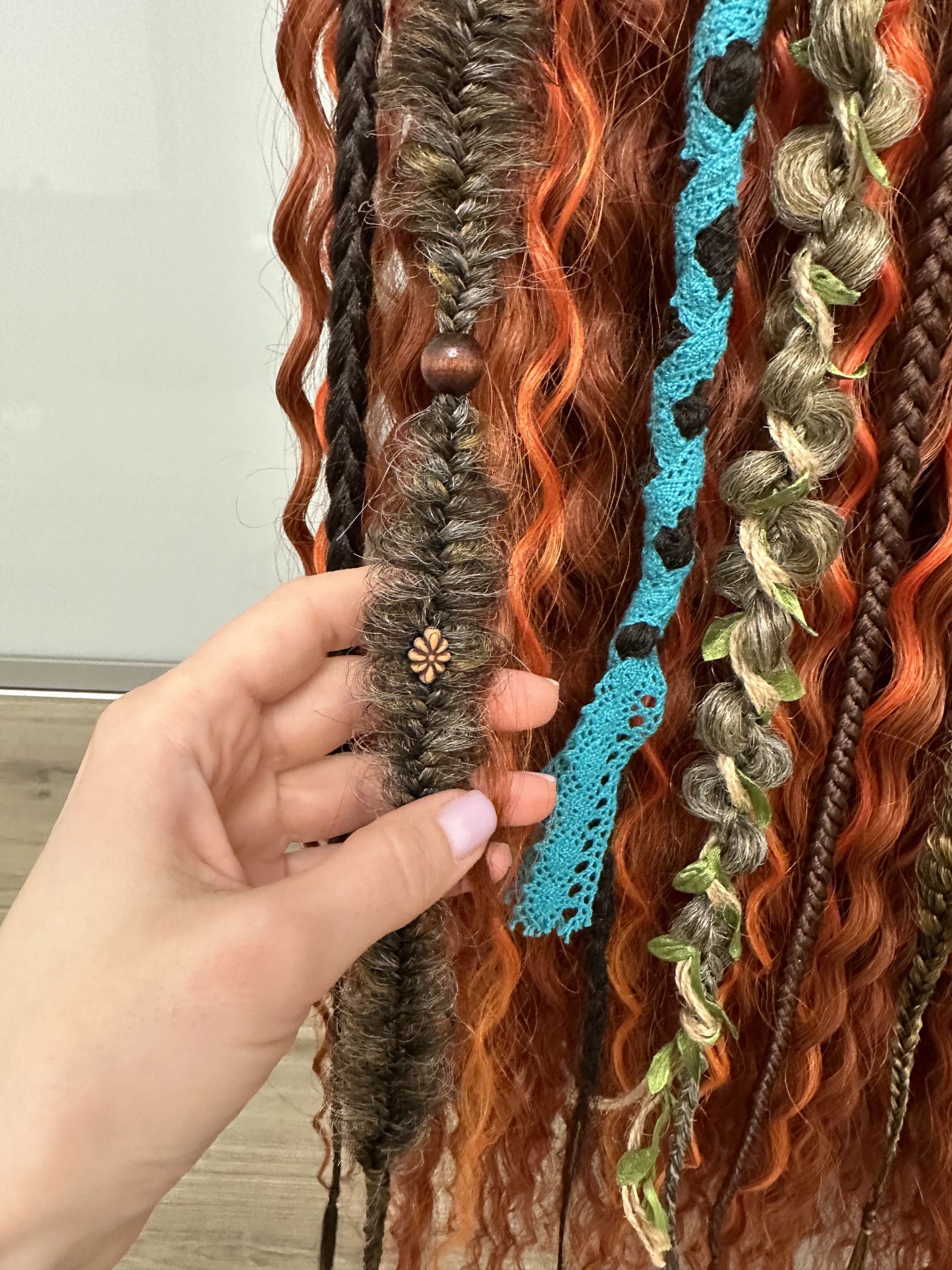 Set of cooper bohemian synthetic dreadlocks and dark pastel textured braids, 60 DE, full set