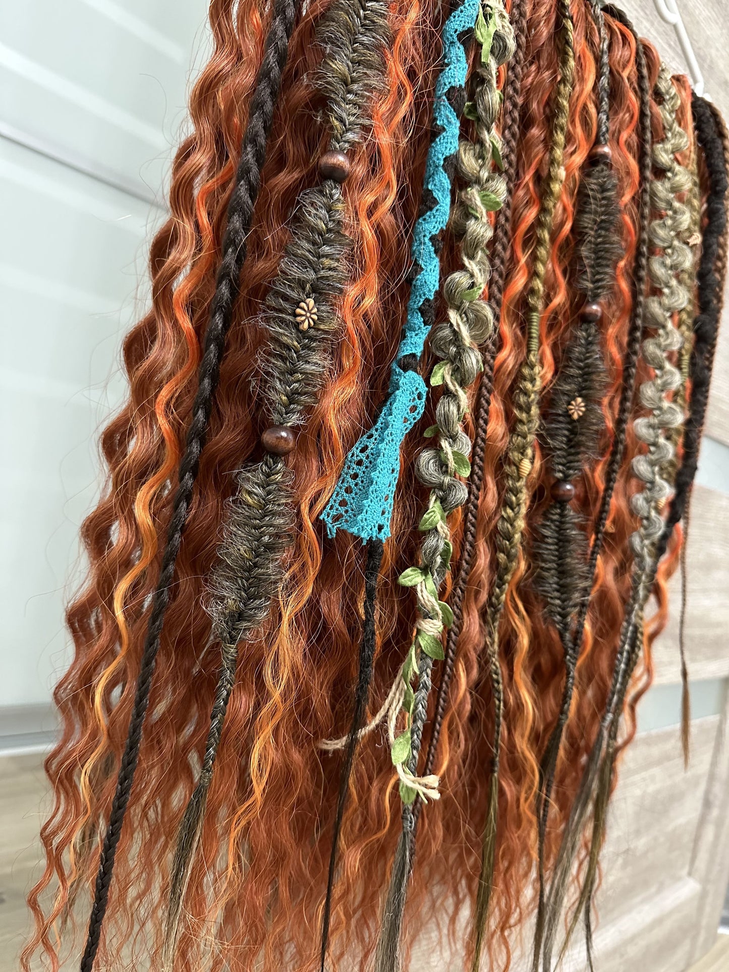 Set of cooper bohemian synthetic dreadlocks and dark pastel textured braids, 60 DE, full set