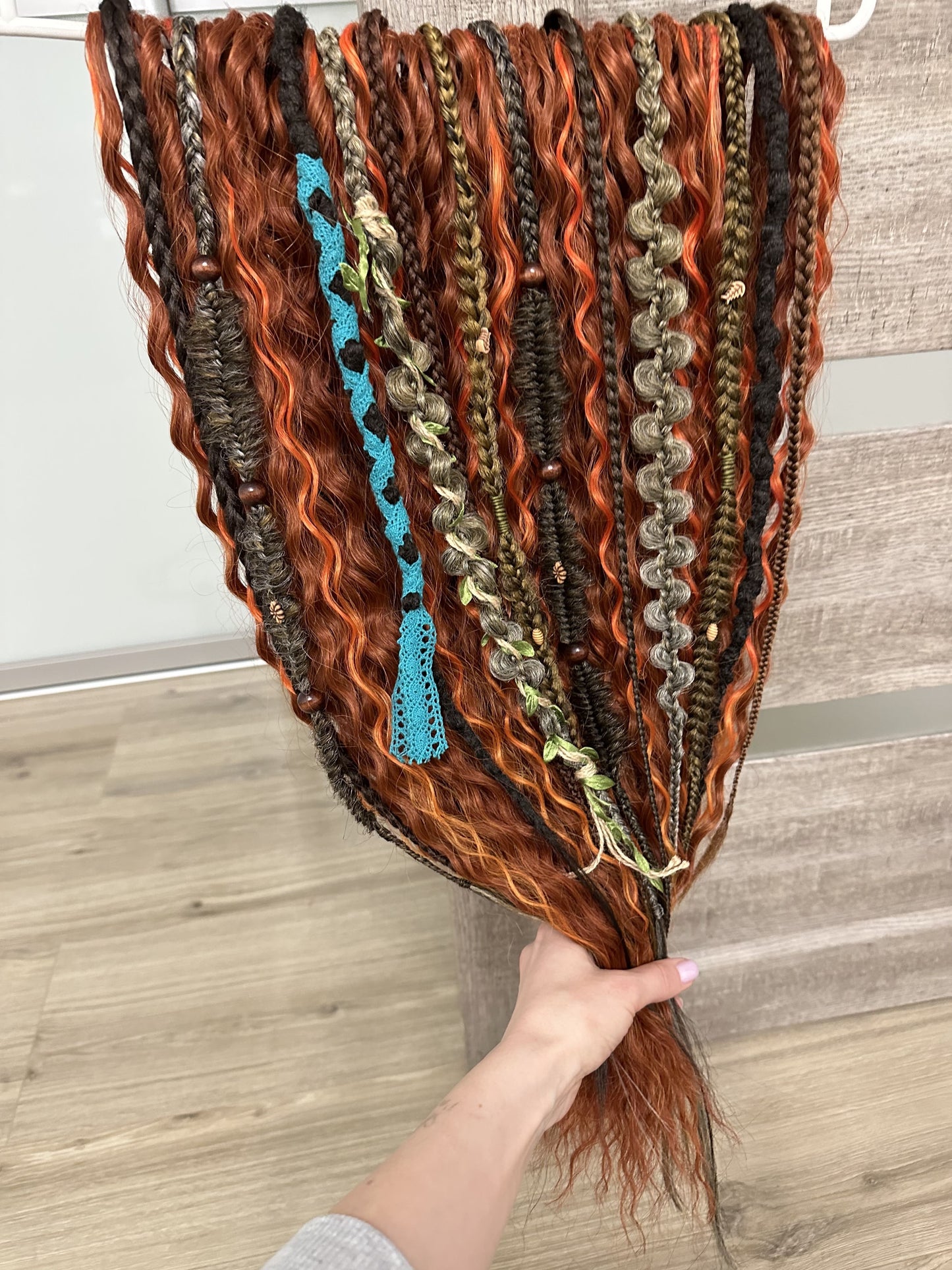 Set of cooper bohemian synthetic dreadlocks and dark pastel textured braids, 60 DE, full set