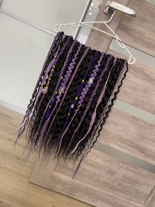 black bohemian synthetic dreadlocks and violet textured braids