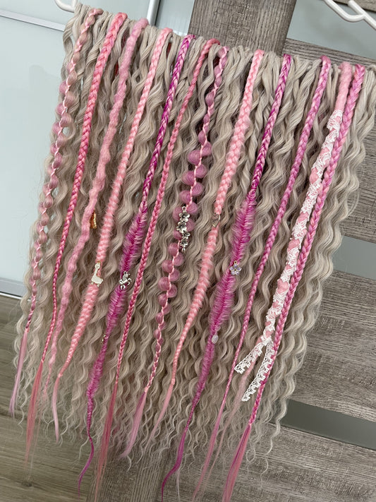 white blonde bohemian synthetic dreadlocks and pink textured braids