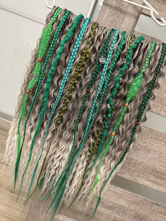 ash blonde synthetic bohemian dreadlocks and green textured braids